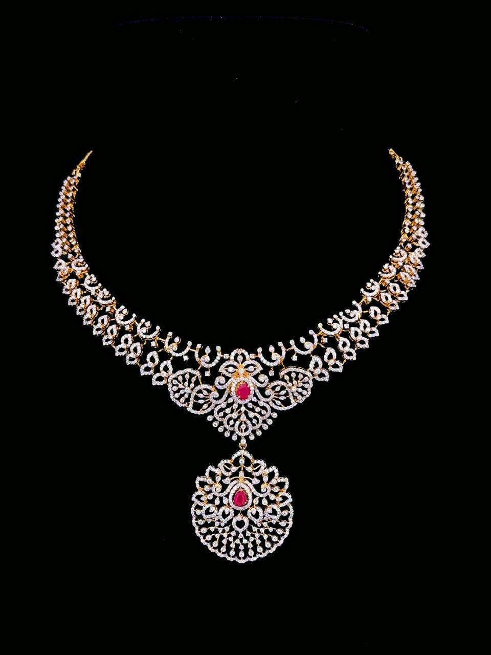 Brinda Gold and Diamonds - Gold Diamond Necklace with Ruby Pendant